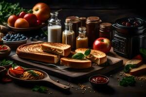 foods on a wooden table with bread, cheese, and other ingredients. AI-Generated photo