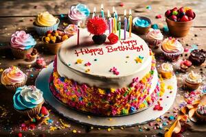 un cumpleaños pastel con velas y vistoso asperja. generado por ai foto