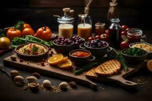 a variety of foods on a wooden cutting board. AI-Generated photo