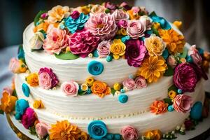 a wedding cake decorated with colorful flowers. AI-Generated photo