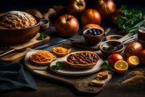 a table with various foods including bread, apples, oranges and other ingredients. AI-Generated photo