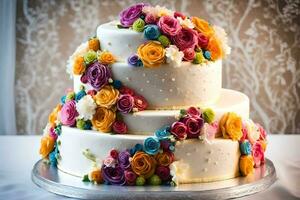 a three tiered cake with colorful flowers on top. AI-Generated photo