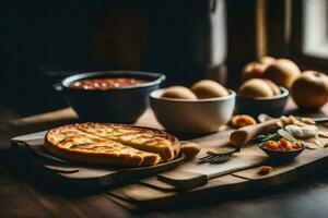 un de madera corte tablero con un tarta, huevos y otro alimento. generado por ai foto