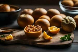 a wooden cutting board with oranges and a bowl of apples. AI-Generated photo