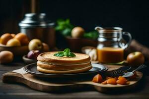 pancakes on a plate with apples and oranges. AI-Generated photo