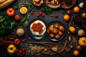 various foods are arranged on a black table. AI-Generated photo