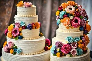 three tiered wedding cake with colorful flowers. AI-Generated photo