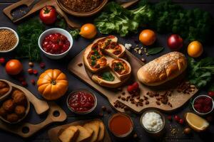 various foods on a wooden table. AI-Generated photo