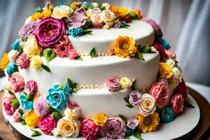 a cake decorated with colorful flowers. AI-Generated photo