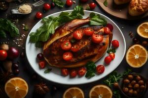 turkey breast with vegetables and herbs on a dark background. AI-Generated photo