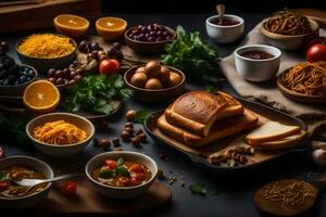 various foods are arranged on a table. AI-Generated photo