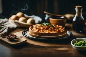 un pastel en un de madera mesa con otro ingredientes. generado por ai foto