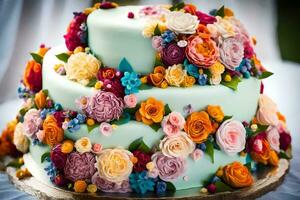 a three tiered cake with colorful flowers on top. AI-Generated photo