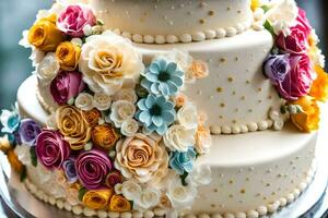 a three tiered cake with colorful flowers on top. AI-Generated photo