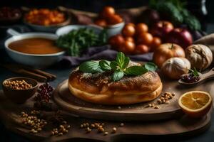 a bread with vegetables and spices on a cutting board. AI-Generated photo