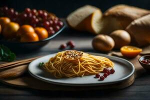 spaghetti with orange slices and bread on a wooden table. AI-Generated photo