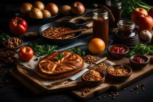 a variety of food on a wooden cutting board. AI-Generated photo