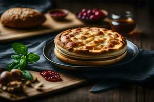 a pie with cheese and bread on a wooden table. AI-Generated photo