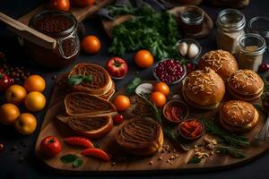 a wooden cutting board with various foods on it. AI-Generated photo