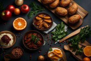 various foods including bread, vegetables and other ingredients. AI-Generated photo