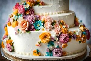 a three tiered cake with colorful flowers on top. AI-Generated photo