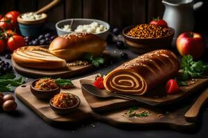 various rolls and breads on a wooden board. AI-Generated photo