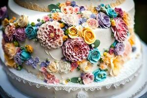 a wedding cake decorated with colorful flowers. AI-Generated photo