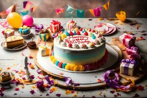 a birthday cake with candles and confetti. AI-Generated photo