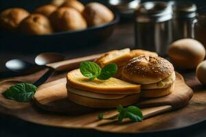 buns on a wooden board with eggs and spices. AI-Generated photo