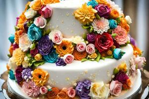 a cake decorated with colorful flowers. AI-Generated photo