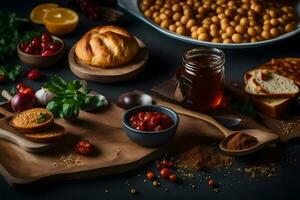 a variety of foods including bread, nuts, and other ingredients. AI-Generated photo