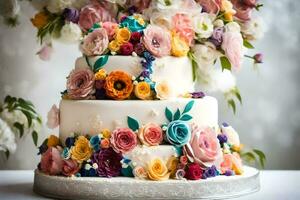un Tres escalonado pastel con vistoso flores en cima. generado por ai foto