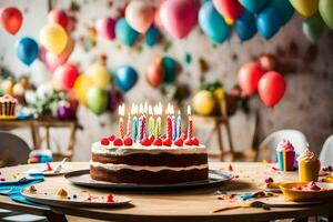 birthday cake with candles on top of table. AI-Generated photo