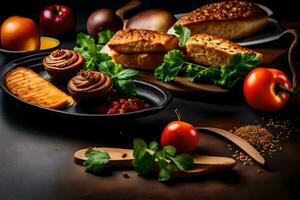 a variety of food on a black background. AI-Generated photo