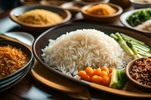 various bowls of rice and vegetables on a table. AI-Generated photo