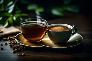 a cup of coffee and a cup of tea on a wooden table. AI-Generated photo