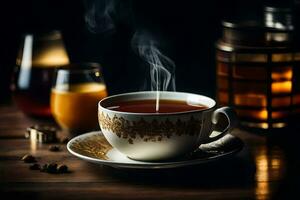 a cup of tea with a saucer and a cup of coffee on a wooden table. AI-Generated photo