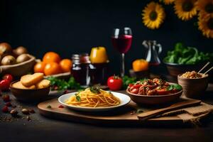 spaghetti with tomato sauce, bread, and vegetables on a wooden table. AI-Generated photo