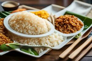 a plate of rice, vegetables and other food on a wooden table. AI-Generated photo