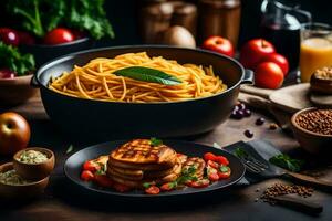 pasta con vegetales y Tomates en un de madera mesa. generado por ai foto