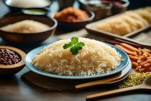 a plate of rice with different types of rice. AI-Generated photo