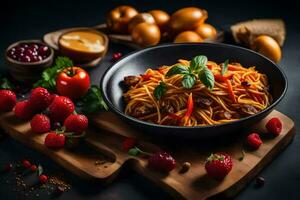 spaghetti with meat and vegetables in a bowl on a black background. AI-Generated photo