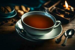 a cup of tea on a wooden table. AI-Generated photo