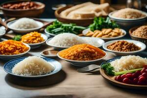 un mesa con bochas de arroz, vegetales y otro alimentos generado por ai foto