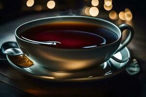 un taza de té en un de madera mesa con luces en el antecedentes. generado por ai foto