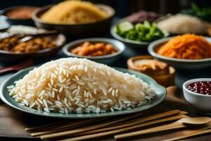 a table with bowls of rice, chopsticks and other ingredients. AI-Generated photo