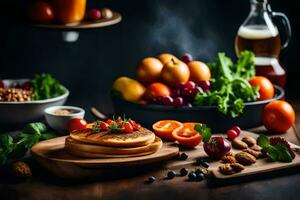 pancakes, fruits and vegetables on a wooden table. AI-Generated photo