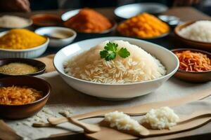 a bowl of rice with different spices and other ingredients. AI-Generated photo