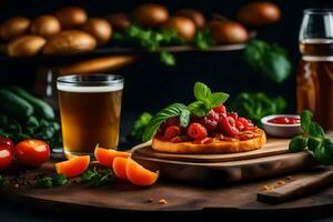 un Pizza con Tomates, albahaca y cerveza en un de madera tablero. generado por ai foto