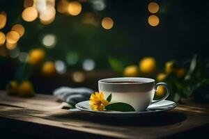 a cup of tea on a wooden table with a yellow flower. AI-Generated photo
